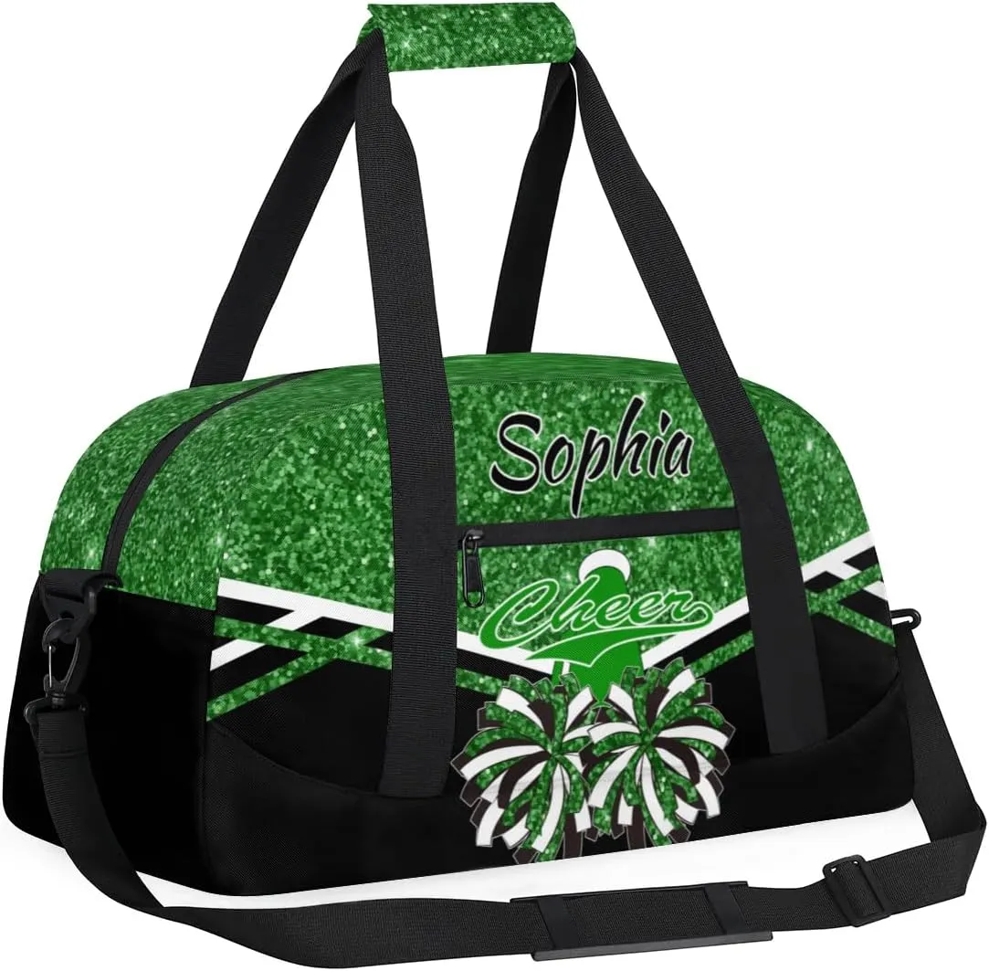 Personalised Name Cheer Cheerleader Bags, Custom Dancing Sports Duffle Bag Gym Cheerleading Bag Travel Duffel Perform Training Bag, Overnight Weekender Bags, Dark Green Glitter (No Glitter)