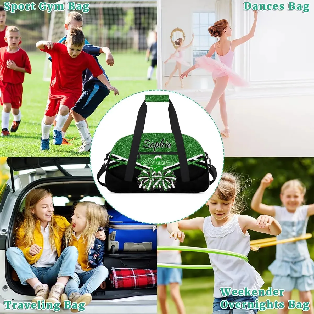 Personalised Name Cheer Cheerleader Bags, Custom Dancing Sports Duffle Bag Gym Cheerleading Bag Travel Duffel Perform Training Bag, Overnight Weekender Bags, Dark Green Glitter (No Glitter)