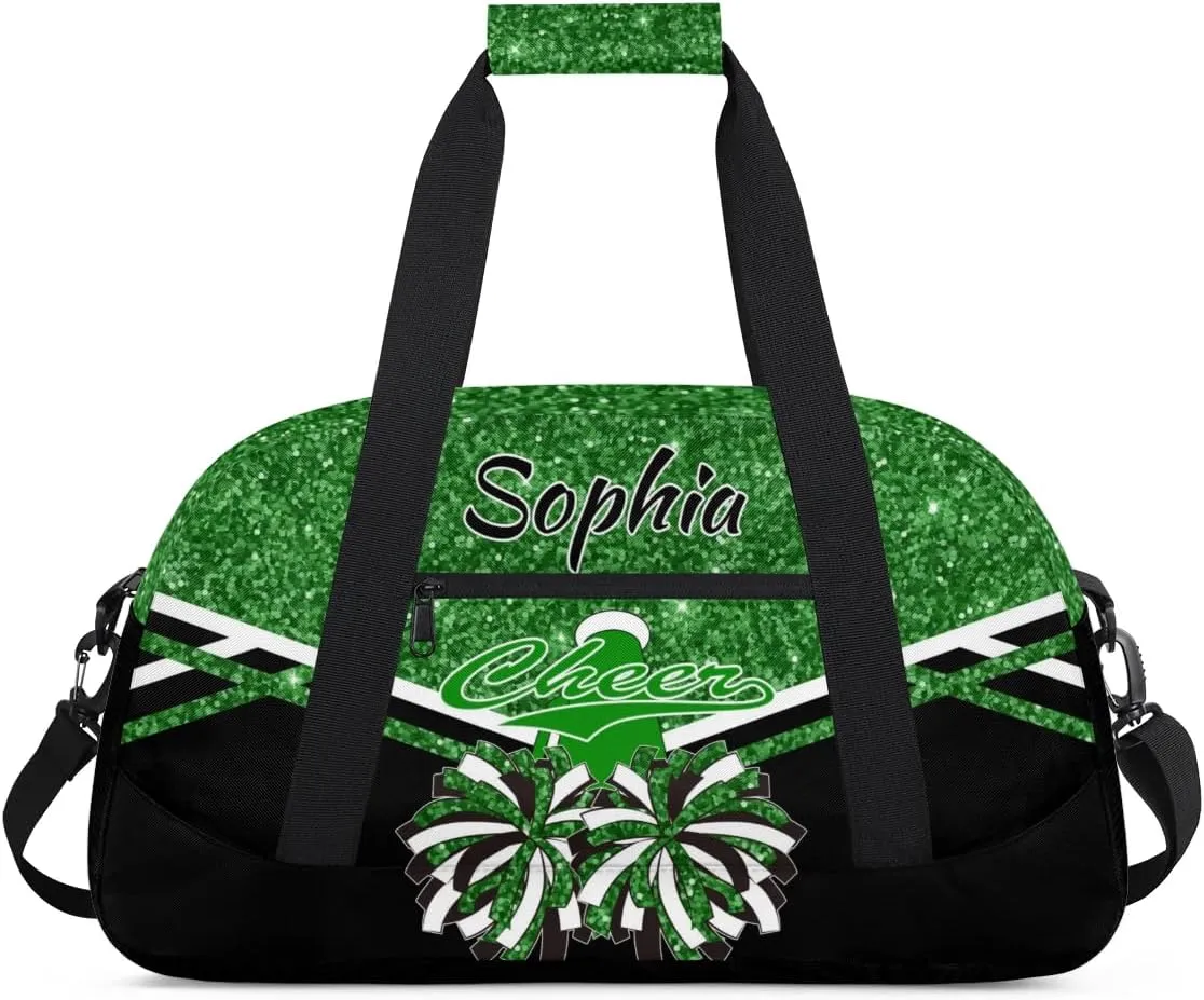 Personalised Name Cheer Cheerleader Bags, Custom Dancing Sports Duffle Bag Gym Cheerleading Bag Travel Duffel Perform Training Bag, Overnight Weekender Bags, Dark Green Glitter (No Glitter)