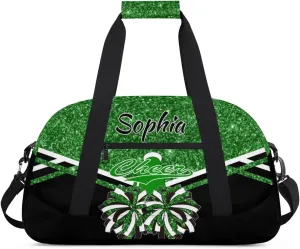 Personalised Name Cheer Cheerleader Bags, Custom Dancing Sports Duffle Bag Gym Cheerleading Bag Travel Duffel Perform Training Bag, Overnight Weekender Bags, Dark Green Glitter (No Glitter)