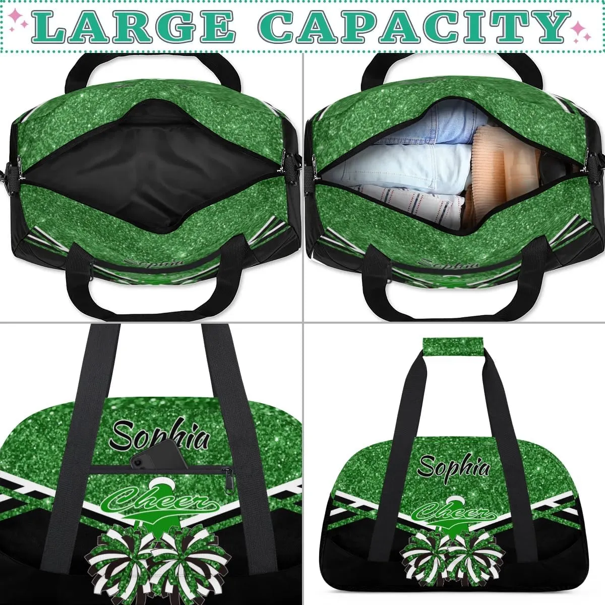 Personalised Name Cheer Cheerleader Bags, Custom Dancing Sports Duffle Bag Gym Cheerleading Bag Travel Duffel Perform Training Bag, Overnight Weekender Bags, Dark Green Glitter (No Glitter)