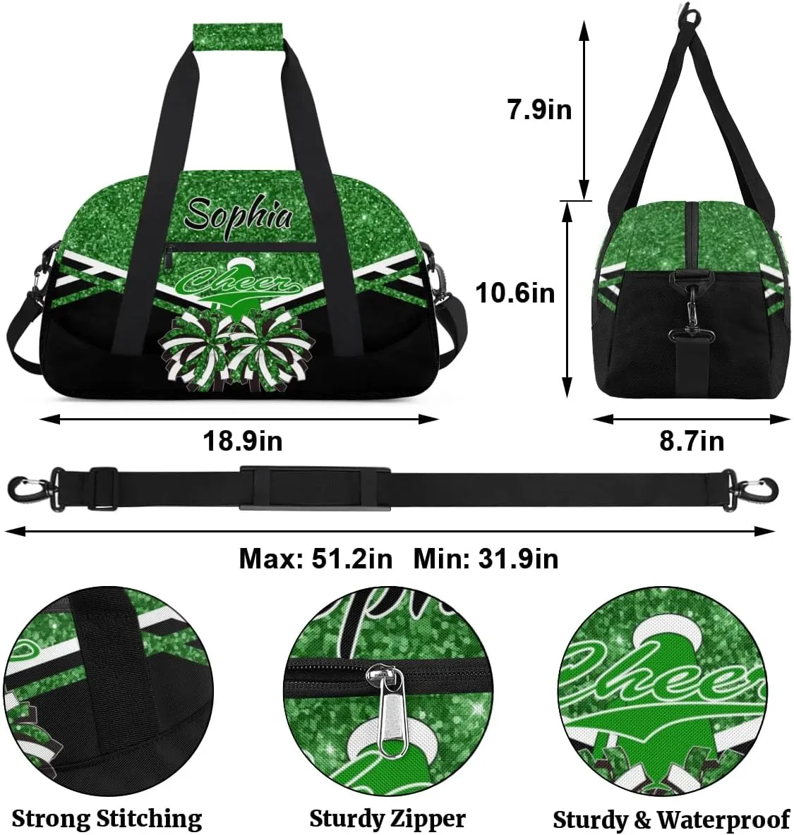Personalised Name Cheer Cheerleader Bags, Custom Dancing Sports Duffle Bag Gym Cheerleading Bag Travel Duffel Perform Training Bag, Overnight Weekender Bags, Dark Green Glitter (No Glitter)