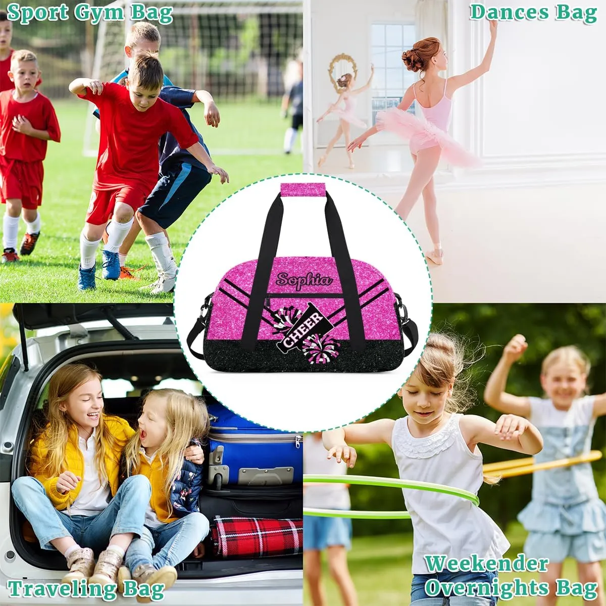 Personalized Cheer Bag Girl Sport Duffel Bag, Custom Kids Gym Bag, Customize Travel Duffle Bag with Name, Overnight Weekender Bags,Glitter Pink Black, Cheerleading Gifts