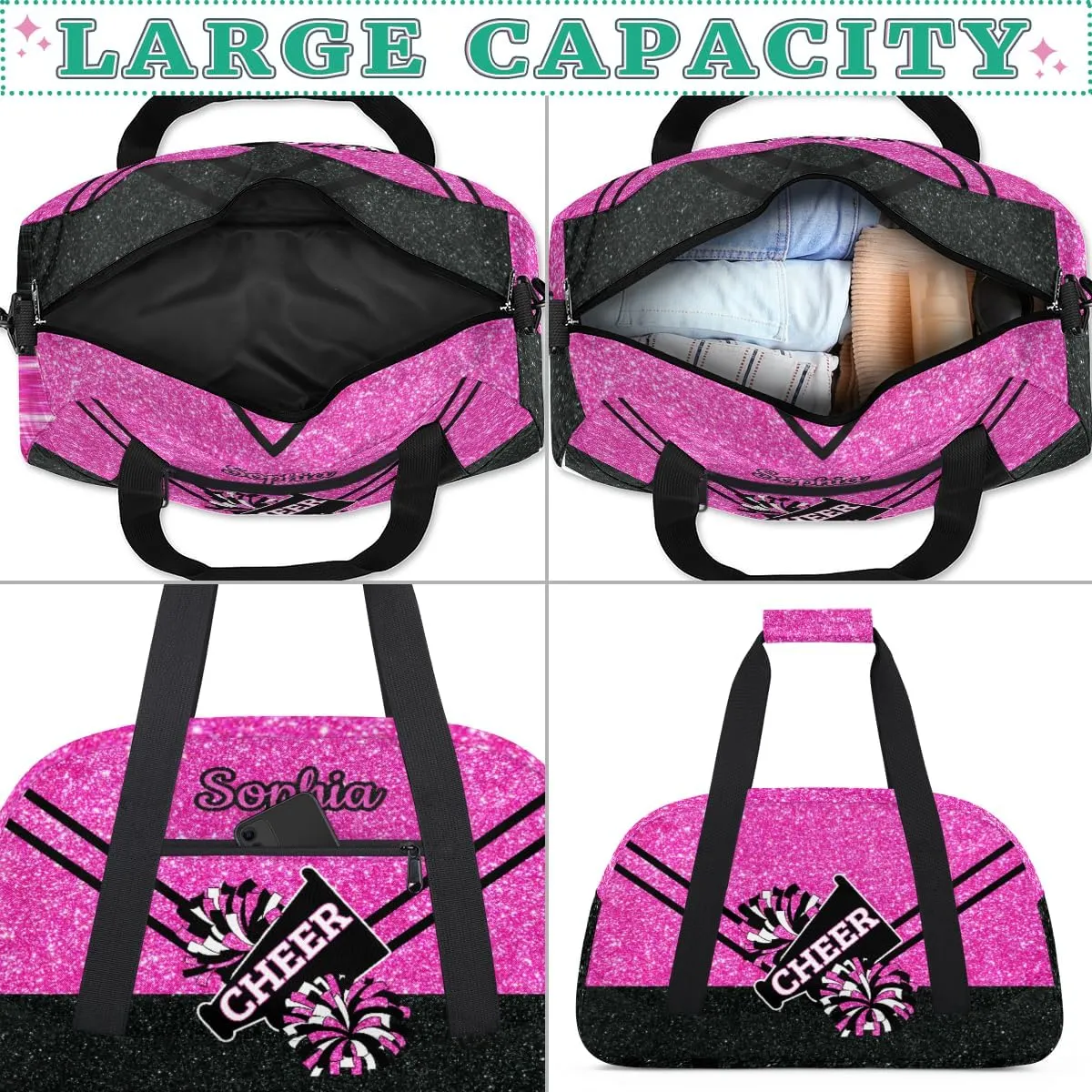 Personalized Cheer Bag Girl Sport Duffel Bag, Custom Kids Gym Bag, Customize Travel Duffle Bag with Name, Overnight Weekender Bags,Glitter Pink Black, Cheerleading Gifts
