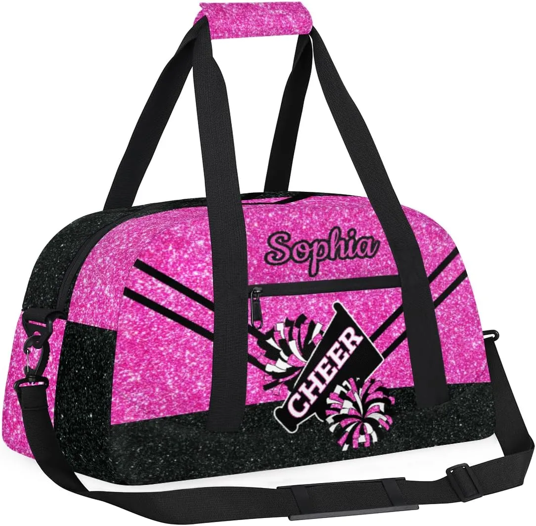 Personalized Cheer Bag Girl Sport Duffel Bag, Custom Kids Gym Bag, Customize Travel Duffle Bag with Name, Overnight Weekender Bags,Glitter Pink Black, Cheerleading Gifts