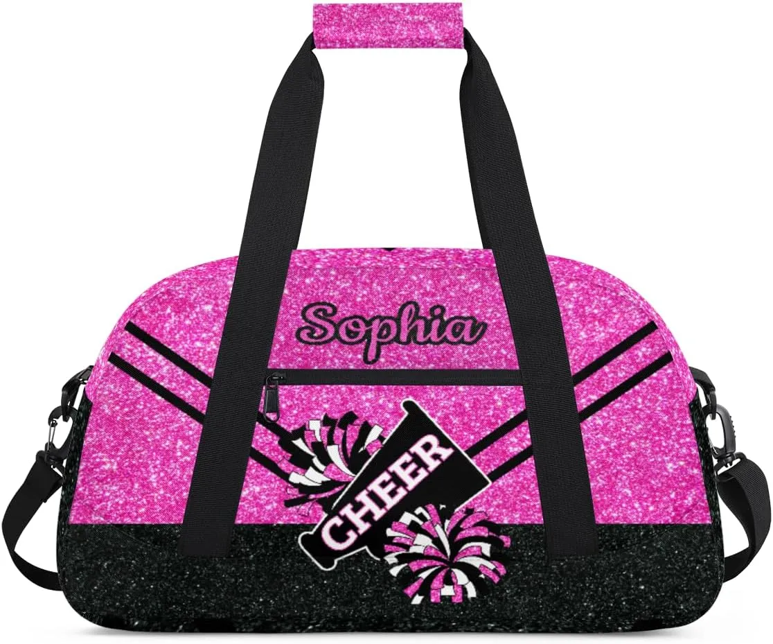 Personalized Cheer Bag Girl Sport Duffel Bag, Custom Kids Gym Bag, Customize Travel Duffle Bag with Name, Overnight Weekender Bags,Glitter Pink Black, Cheerleading Gifts