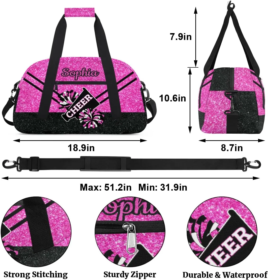 Personalized Cheer Bag Girl Sport Duffel Bag, Custom Kids Gym Bag, Customize Travel Duffle Bag with Name, Overnight Weekender Bags,Glitter Pink Black, Cheerleading Gifts