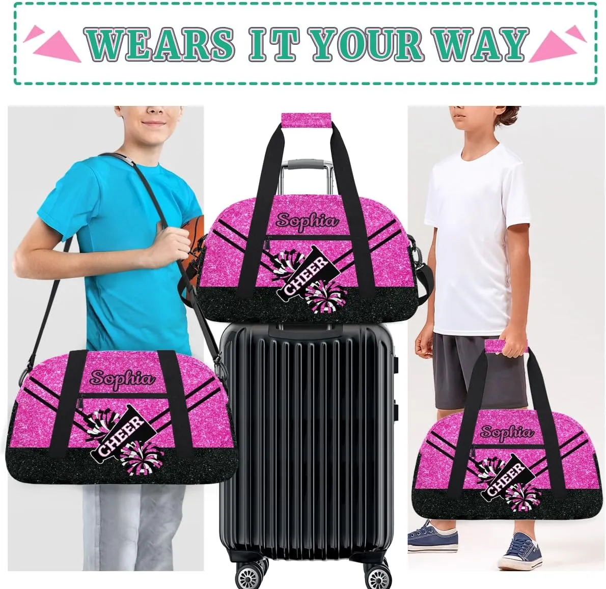 Personalized Cheer Bag Girl Sport Duffel Bag, Custom Kids Gym Bag, Customize Travel Duffle Bag with Name, Overnight Weekender Bags,Glitter Pink Black, Cheerleading Gifts