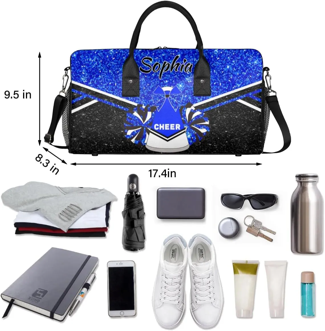 Personalized Cheer Bags for Cheerleaders, Custom Name Sport Duffel Bag Gym Bag Travel Duffle Bag Overnight Weekender Bag, Blue Glitter