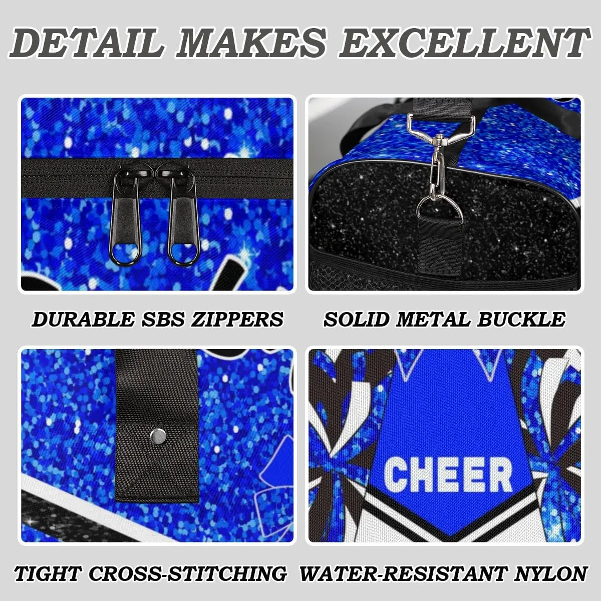 Personalized Cheer Bags for Cheerleaders, Custom Name Sport Duffel Bag Gym Bag Travel Duffle Bag Overnight Weekender Bag, Blue Glitter