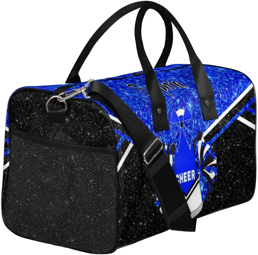 Personalized Cheer Bags for Cheerleaders, Custom Name Sport Duffel Bag Gym Bag Travel Duffle Bag Overnight Weekender Bag, Blue Glitter