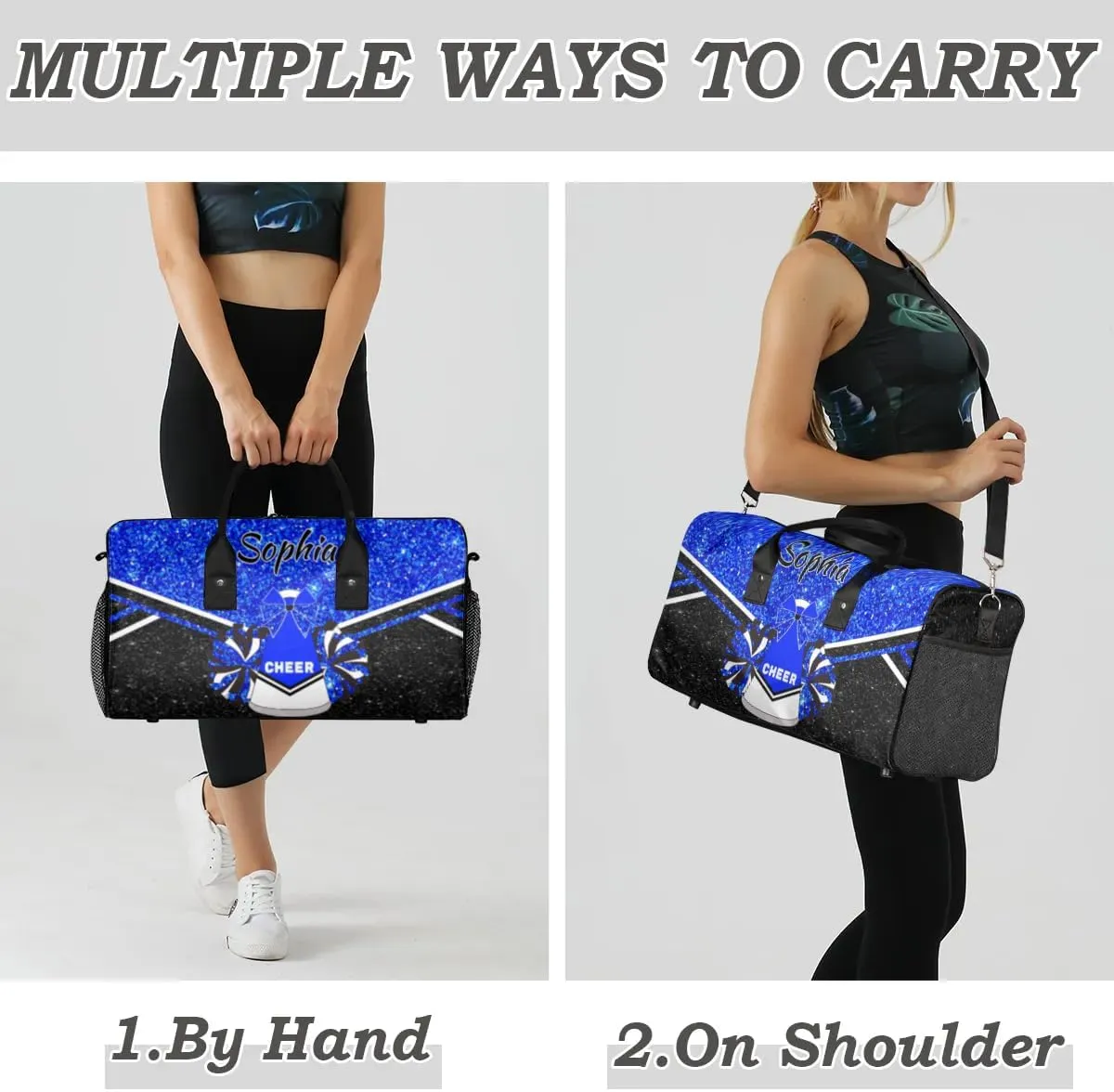 Personalized Cheer Bags for Cheerleaders, Custom Name Sport Duffel Bag Gym Bag Travel Duffle Bag Overnight Weekender Bag, Blue Glitter
