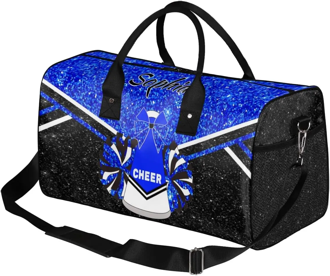 Personalized Cheer Bags for Cheerleaders, Custom Name Sport Duffel Bag Gym Bag Travel Duffle Bag Overnight Weekender Bag, Blue Glitter