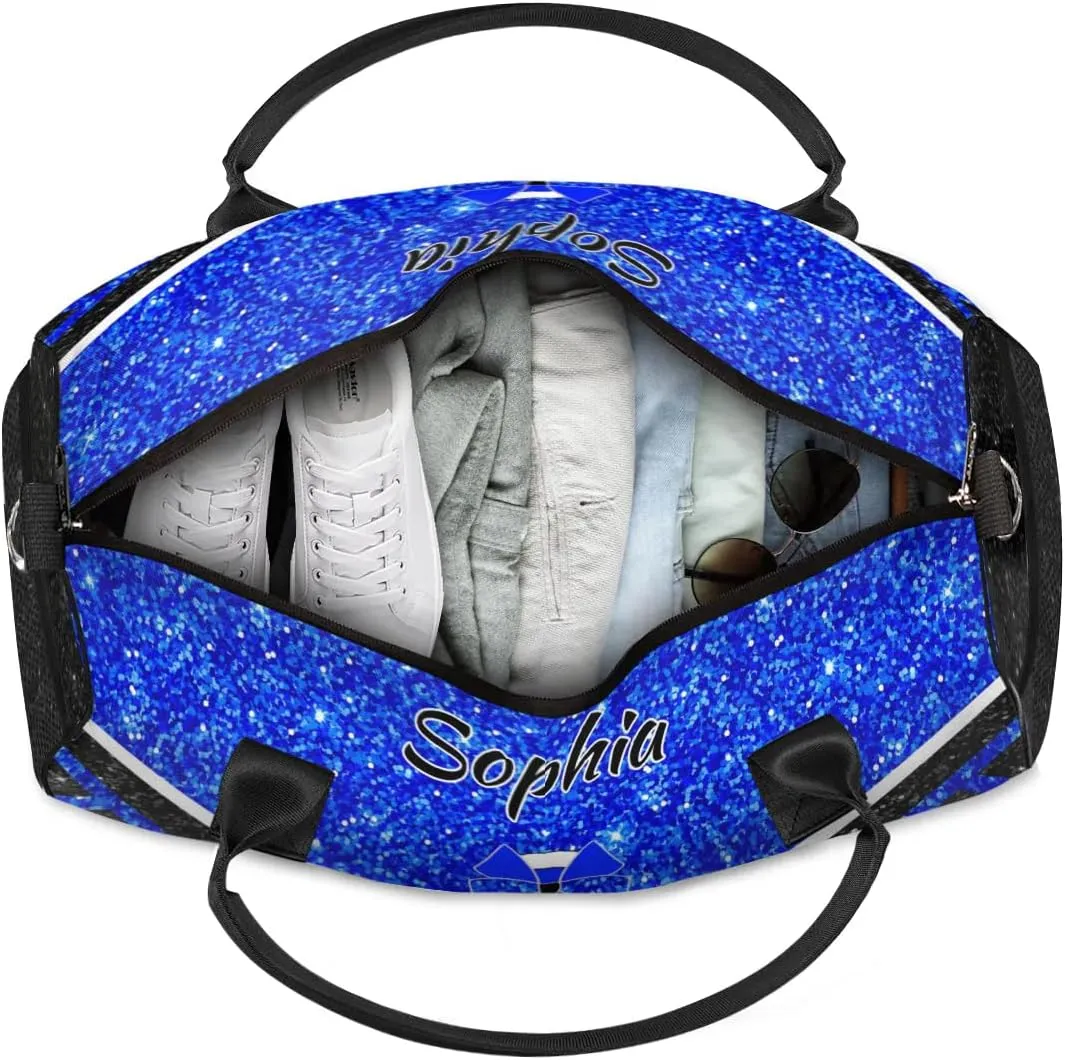 Personalized Cheer Bags for Cheerleaders, Custom Name Sport Duffel Bag Gym Bag Travel Duffle Bag Overnight Weekender Bag, Blue Glitter