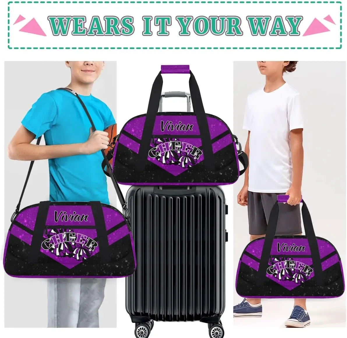 Personalized Cheer Duffel Bags Custom Name Sport Bag, Custom Cheerleader Gym Bag, Customize Travel Duffle Bag, Overnight Weekender Bags, Cheerleading Gifts, Sequins Black Purple