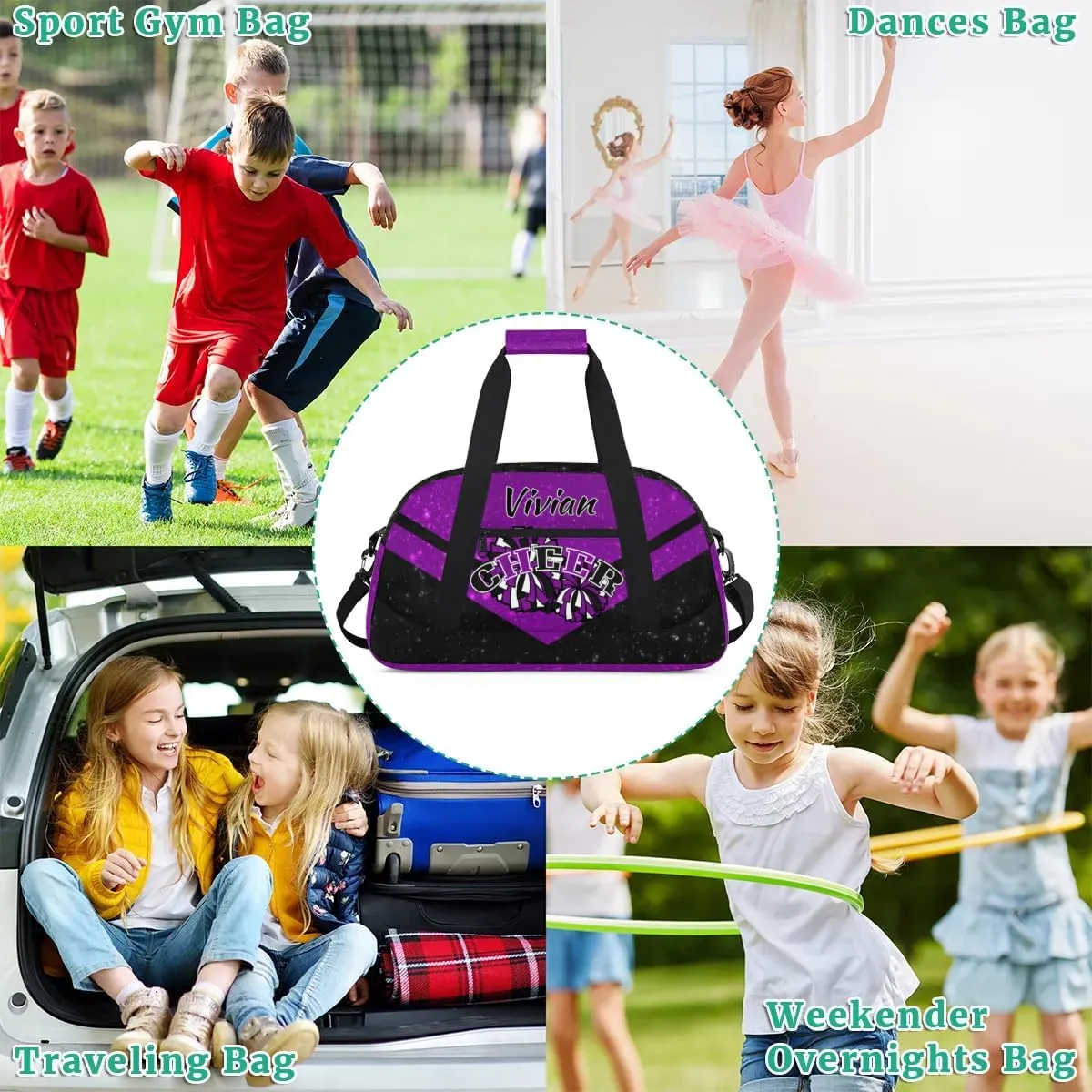 Personalized Cheer Duffel Bags Custom Name Sport Bag, Custom Cheerleader Gym Bag, Customize Travel Duffle Bag, Overnight Weekender Bags, Cheerleading Gifts, Sequins Black Purple