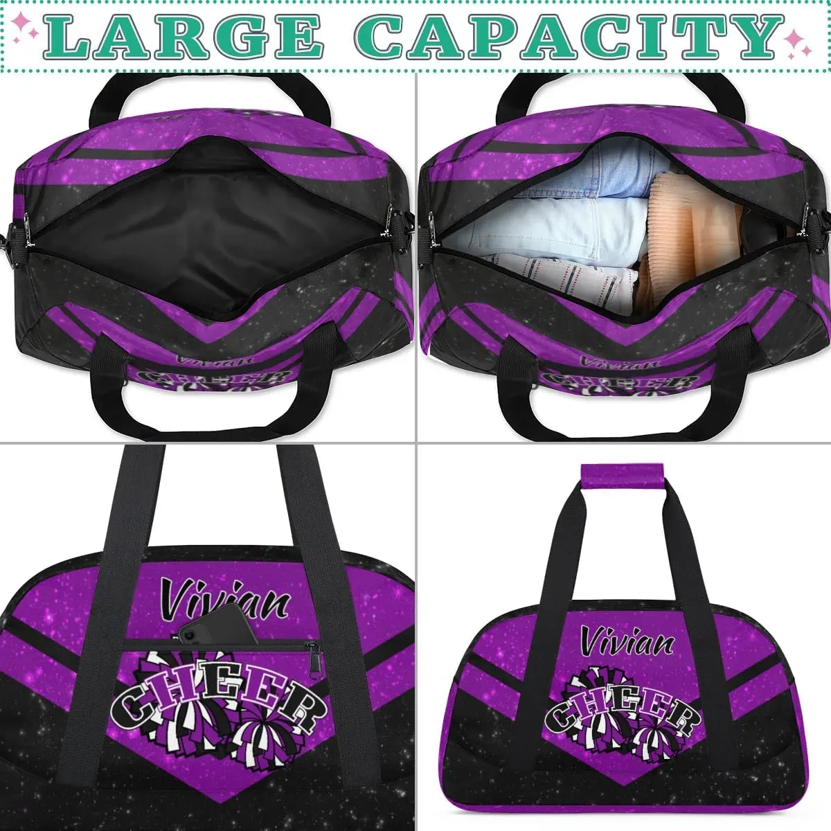 Personalized Cheer Duffel Bags Custom Name Sport Bag, Custom Cheerleader Gym Bag, Customize Travel Duffle Bag, Overnight Weekender Bags, Cheerleading Gifts, Sequins Black Purple