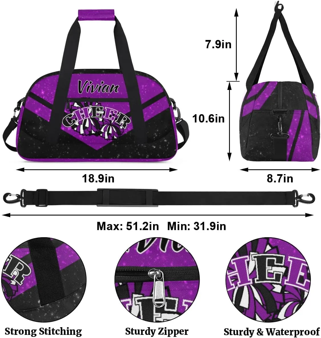 Personalized Cheer Duffel Bags Custom Name Sport Bag, Custom Cheerleader Gym Bag, Customize Travel Duffle Bag, Overnight Weekender Bags, Cheerleading Gifts, Sequins Black Purple
