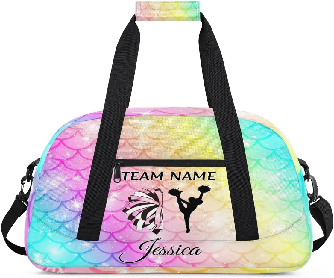 Personalized Cheer Sports Duffle Bag for Cheerleaders, Custom Cheerleading Gym Bags for Women, Fish Scale Glitter Customized Cheer Duffel Bag with Name Overnight Weekender Bags