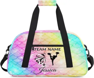 Personalized Cheer Sports Duffle Bag for Cheerleaders, Custom Cheerleading Gym Bags for Women, Fish Scale Glitter Customized Cheer Duffel Bag with Name Overnight Weekender Bags