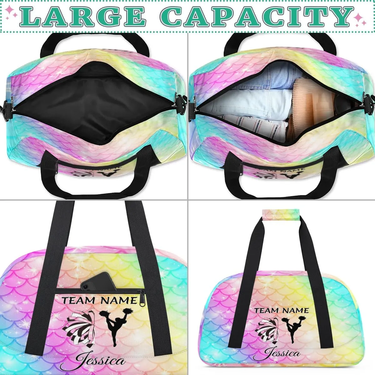 Personalized Cheer Sports Duffle Bag for Cheerleaders, Custom Cheerleading Gym Bags for Women, Fish Scale Glitter Customized Cheer Duffel Bag with Name Overnight Weekender Bags