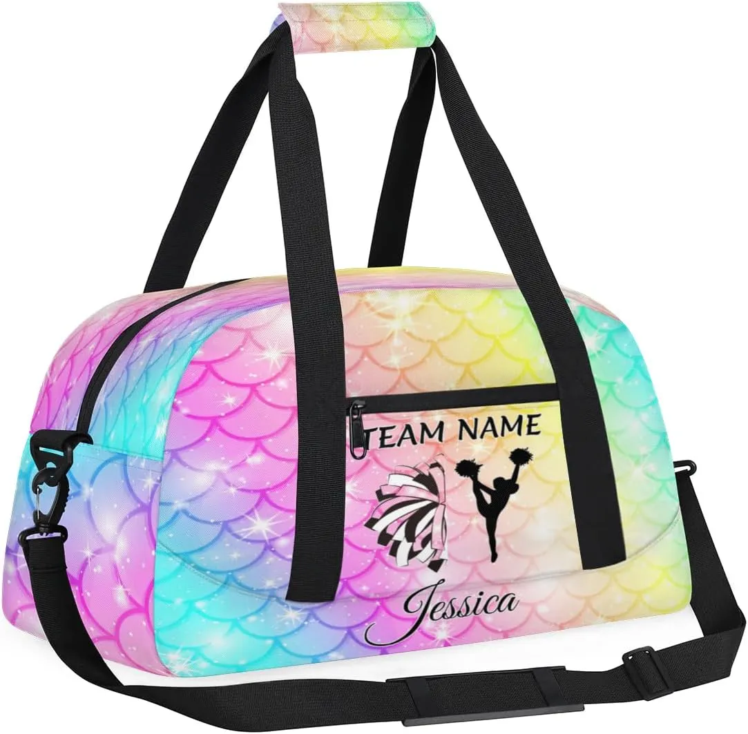 Personalized Cheer Sports Duffle Bag for Cheerleaders, Custom Cheerleading Gym Bags for Women, Fish Scale Glitter Customized Cheer Duffel Bag with Name Overnight Weekender Bags