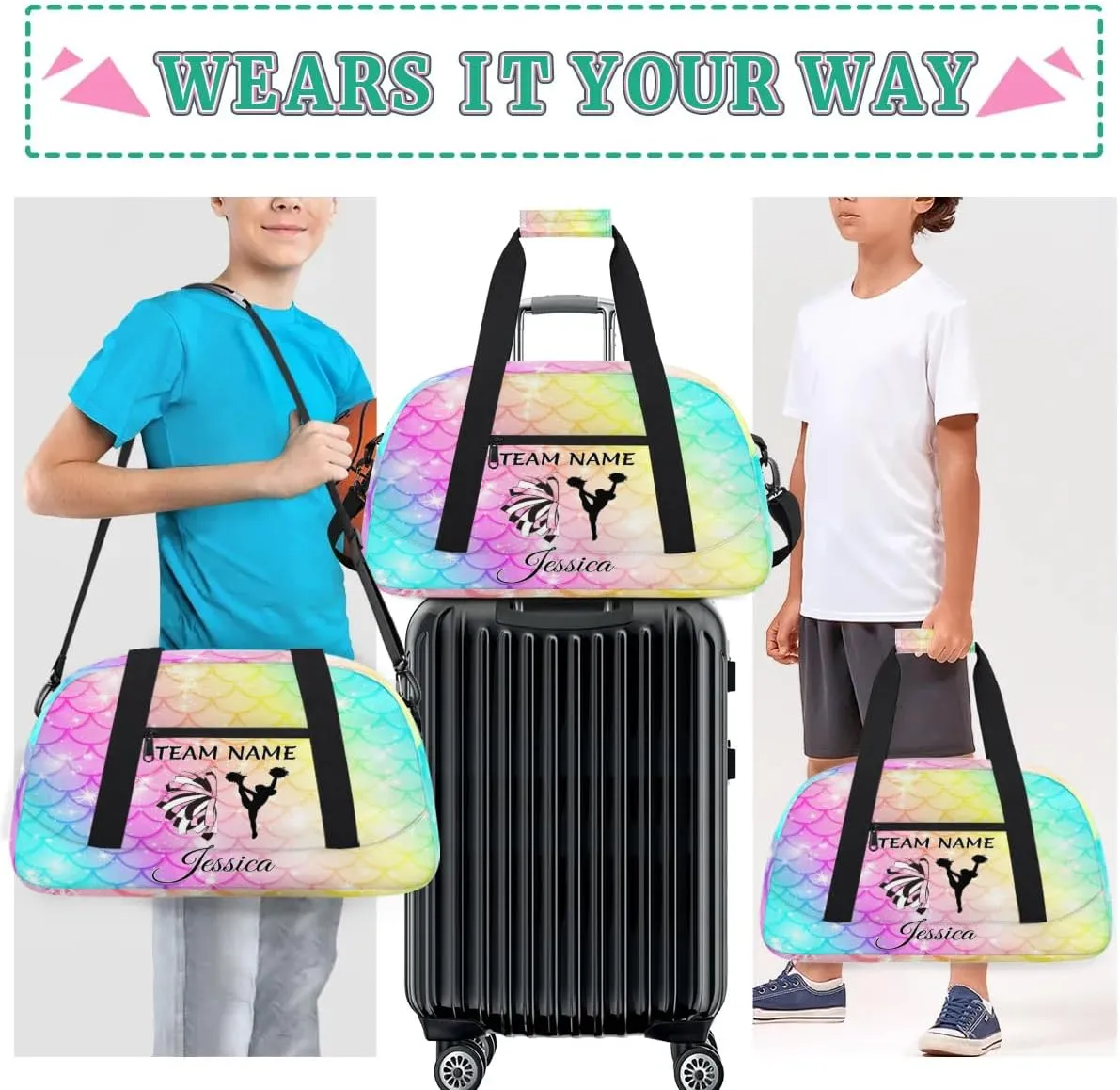 Personalized Cheer Sports Duffle Bag for Cheerleaders, Custom Cheerleading Gym Bags for Women, Fish Scale Glitter Customized Cheer Duffel Bag with Name Overnight Weekender Bags