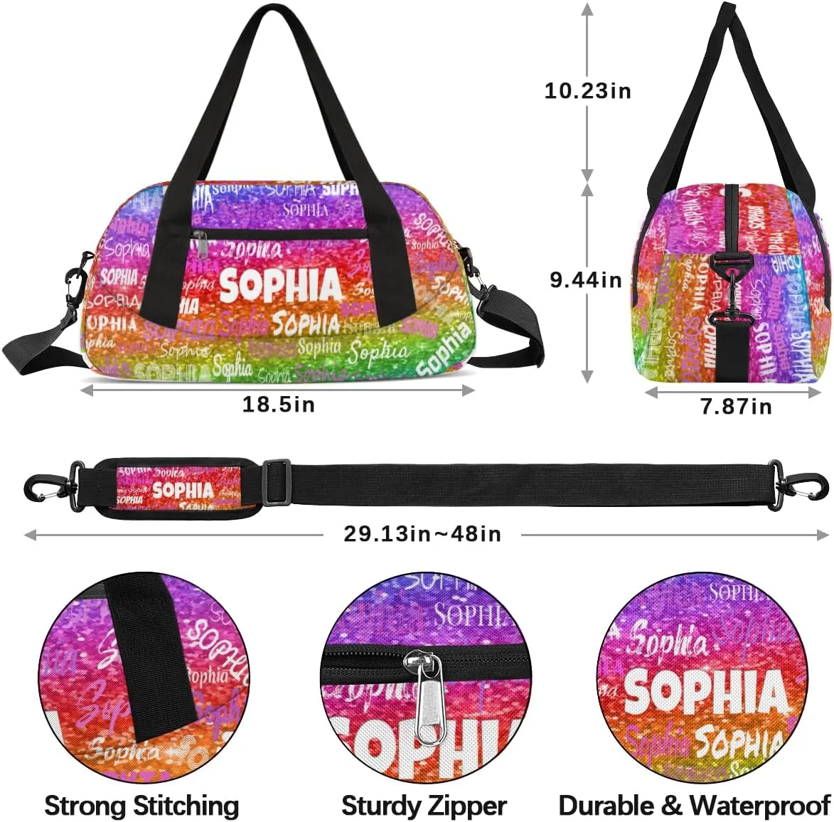 Personalized Dance Gym Bag for Girls, Custom Ballet Bag Sport Duffel Bag Weekender Bags Travel Swimming Duffel Named Gymnast Ballerina Bag, Colorful Bright Rainbow Sequins