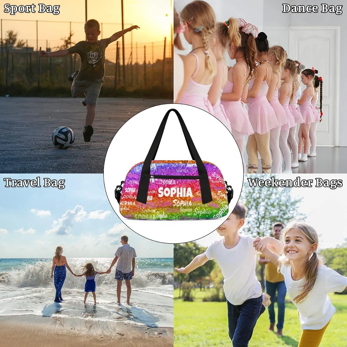 Personalized Dance Gym Bag for Girls, Custom Ballet Bag Sport Duffel Bag Weekender Bags Travel Swimming Duffel Named Gymnast Ballerina Bag, Colorful Bright Rainbow Sequins