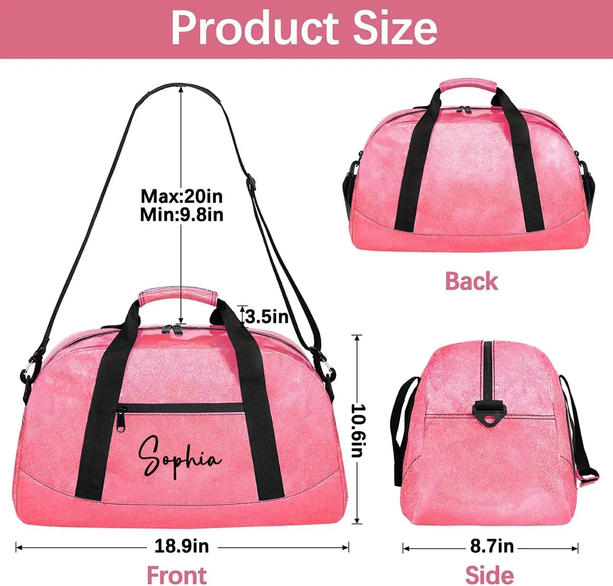 Personalized Duffel-Bag for-Kids-Girls Pink-Glitter-Dance-Bag for Girls Small Gym-Bag for Women Luggage Bag Travel Bag