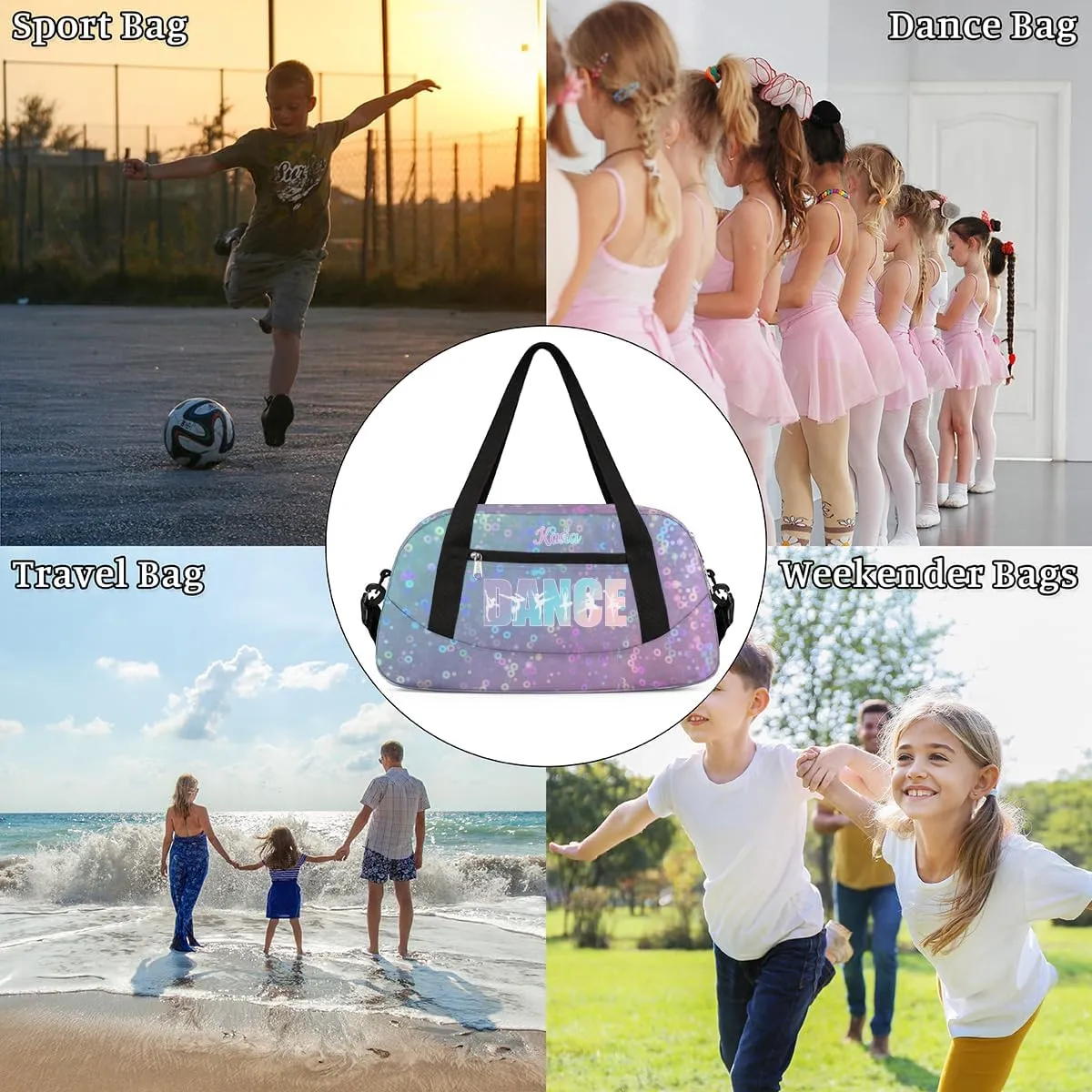 Personalized Gym Bag for Girls Teens, Custom Dance Bag Overnight Small Duffel Bag Carry On Weekend Sports Travel Bag for School Practice Gymnastics Ballet, Colorful Sequins