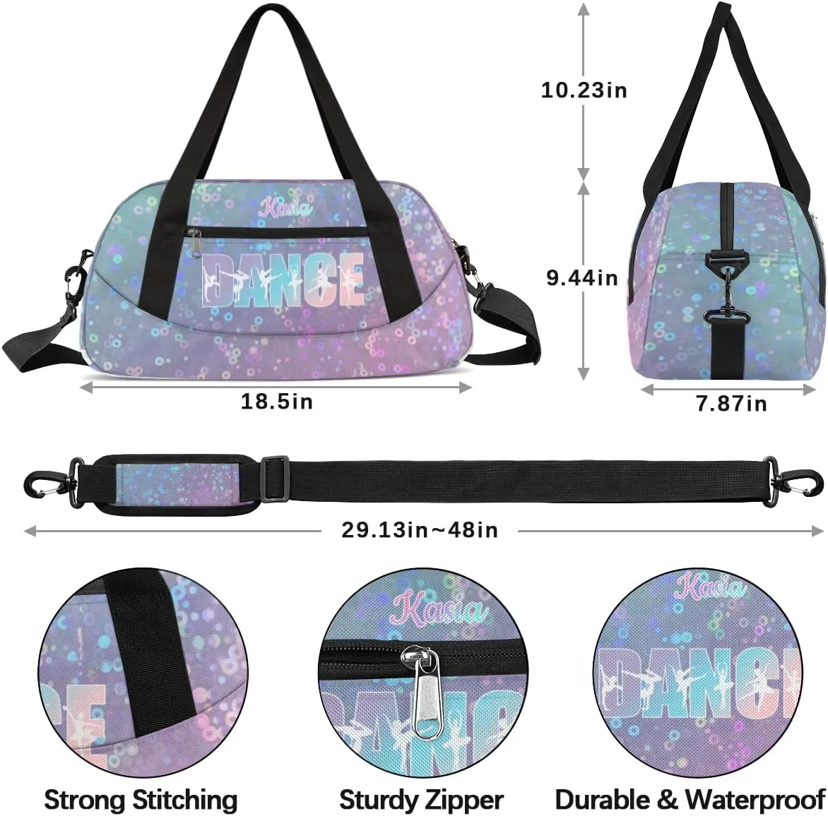 Personalized Gym Bag for Girls Teens, Custom Dance Bag Overnight Small Duffel Bag Carry On Weekend Sports Travel Bag for School Practice Gymnastics Ballet, Colorful Sequins