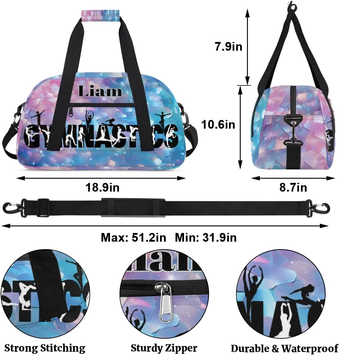 Personalized Gymnastics Dance Bag, Sport Duffel Gym Ballet Bag DANCE Silhouette Weekender Bags Gym Bag Travel Duffel Bag, Light Blue Pink Scale Sequins