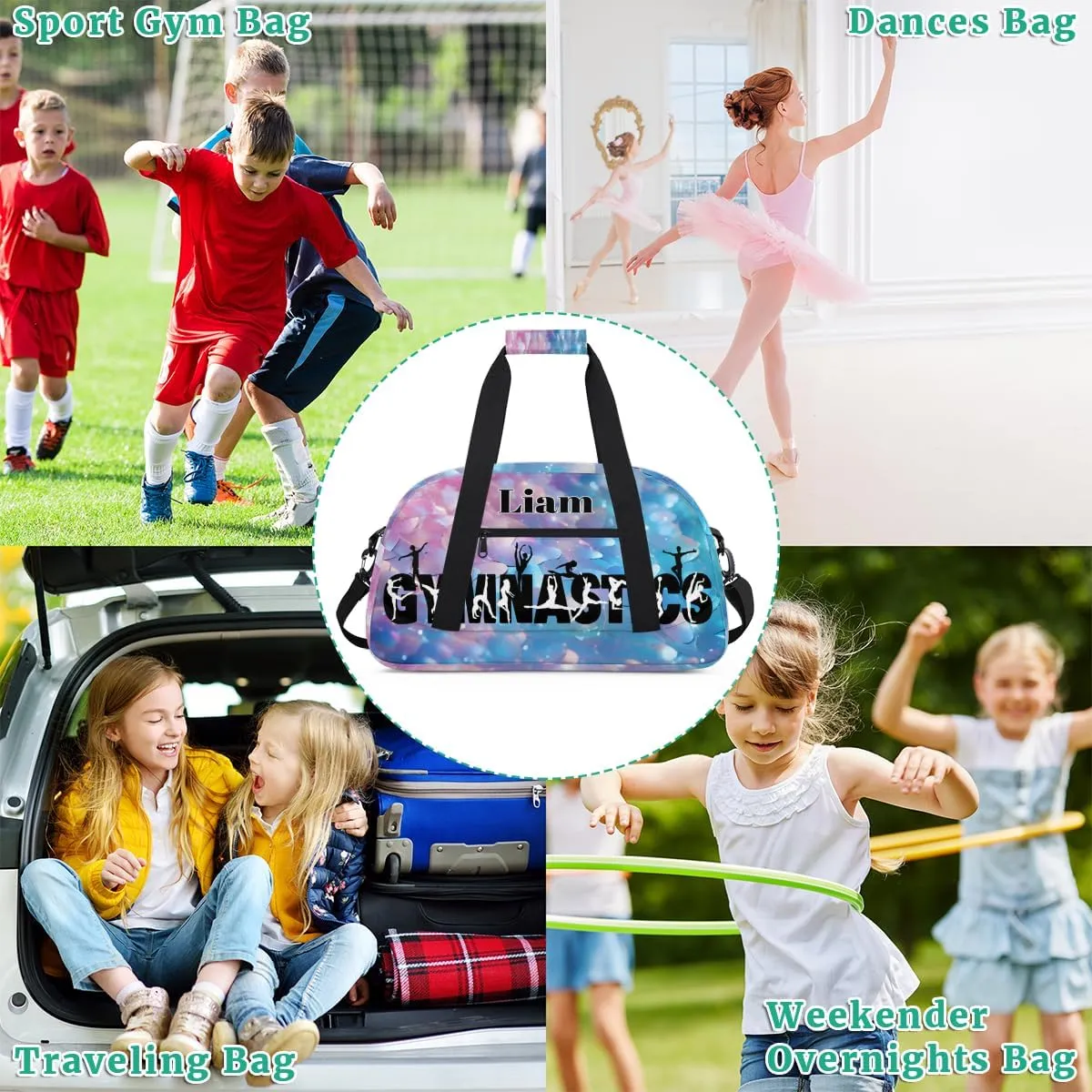 Personalized Gymnastics Dance Bag, Sport Duffel Gym Ballet Bag DANCE Silhouette Weekender Bags Gym Bag Travel Duffel Bag, Light Blue Pink Scale Sequins