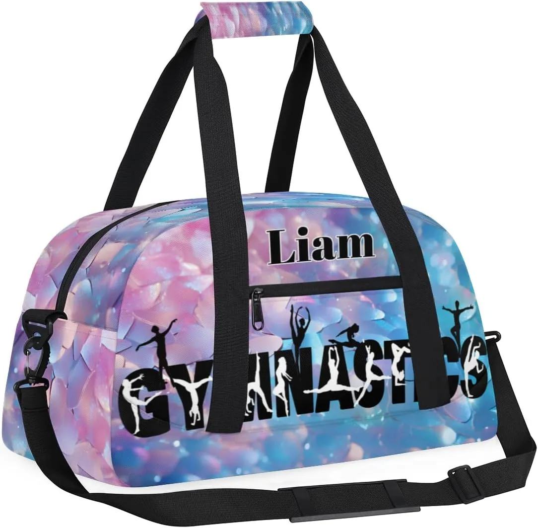 Personalized Gymnastics Dance Bag, Sport Duffel Gym Ballet Bag DANCE Silhouette Weekender Bags Gym Bag Travel Duffel Bag, Light Blue Pink Scale Sequins
