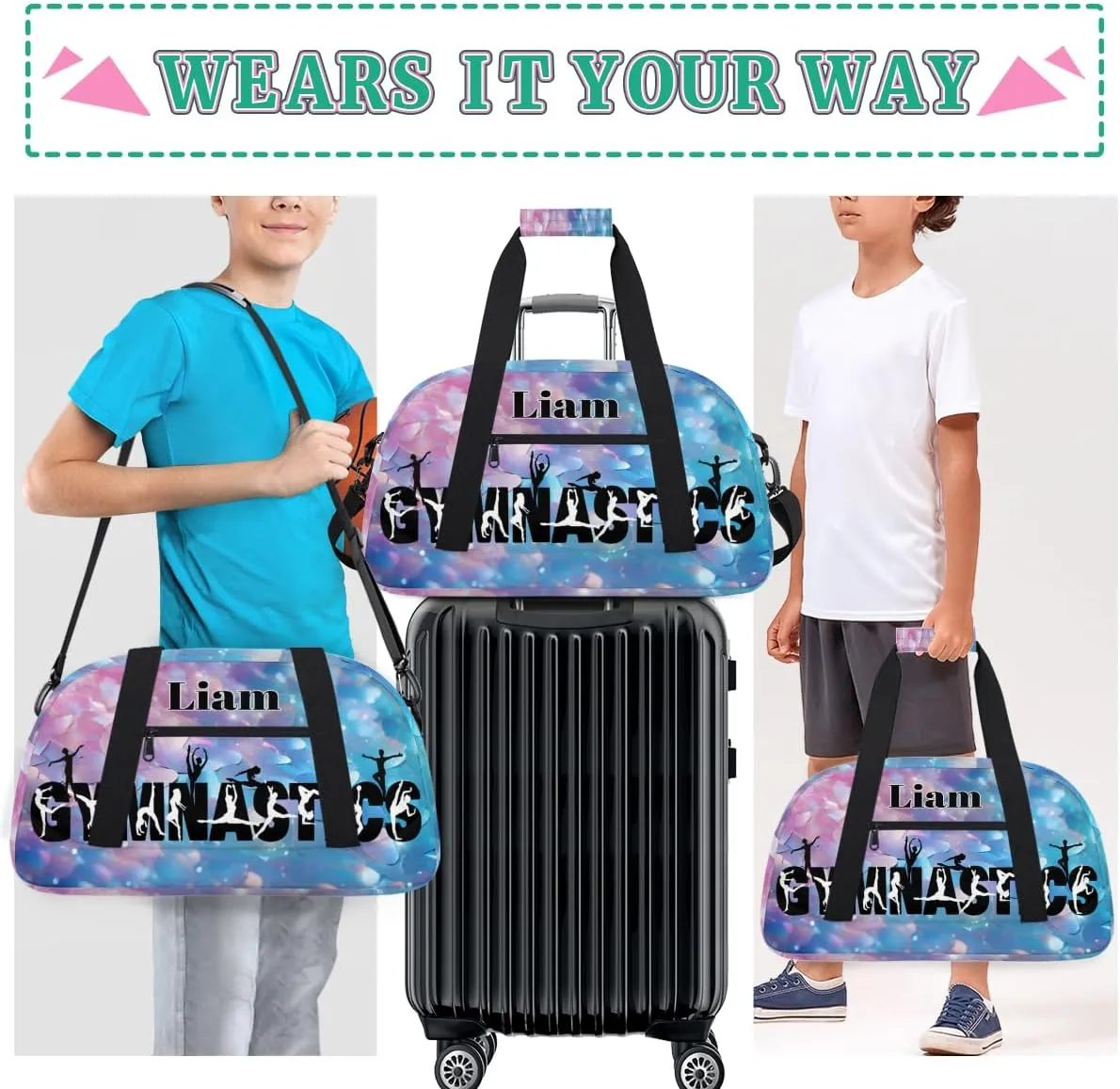 Personalized Gymnastics Dance Bag, Sport Duffel Gym Ballet Bag DANCE Silhouette Weekender Bags Gym Bag Travel Duffel Bag, Light Blue Pink Scale Sequins