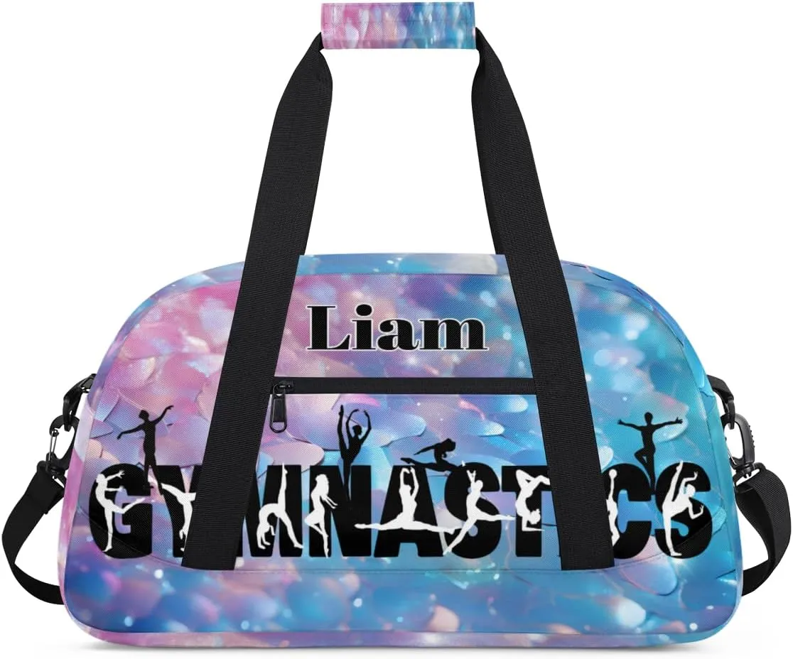 Personalized Gymnastics Dance Bag, Sport Duffel Gym Ballet Bag DANCE Silhouette Weekender Bags Gym Bag Travel Duffel Bag, Light Blue Pink Scale Sequins
