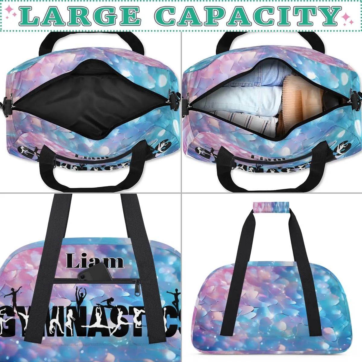 Personalized Gymnastics Dance Bag, Sport Duffel Gym Ballet Bag DANCE Silhouette Weekender Bags Gym Bag Travel Duffel Bag, Light Blue Pink Scale Sequins