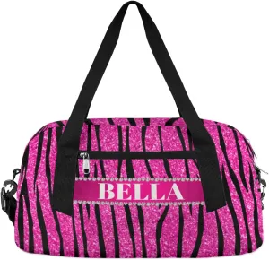 Personalized Kids Gym Bag, Custom Sport Duffel Bag, Dance Bag Weekender Bags Travel Duffel Bag for Boy & Girl Hot Pink Glitter Zebra