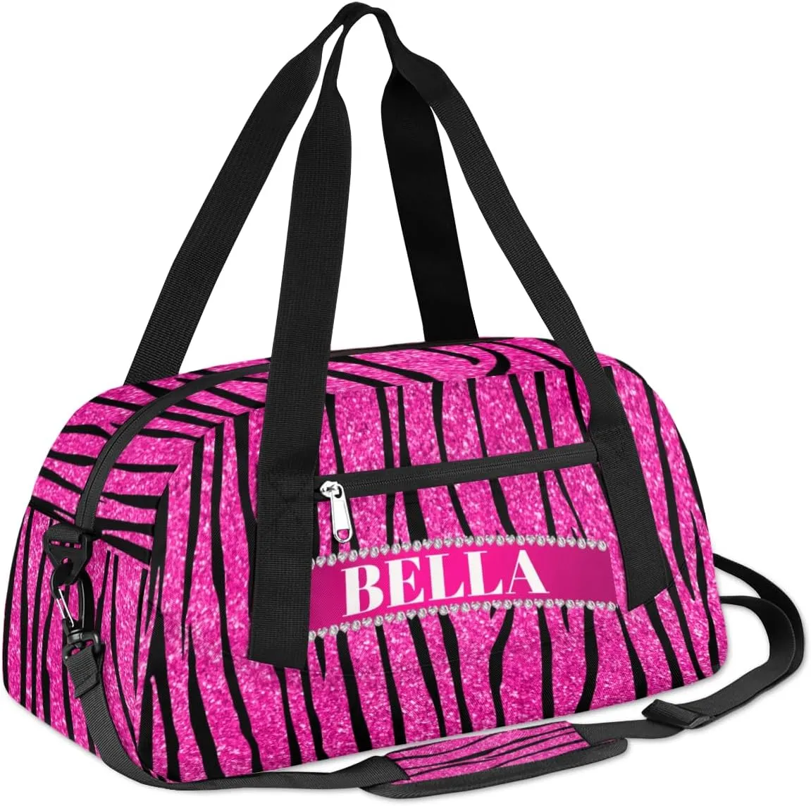 Personalized Kids Gym Bag, Custom Sport Duffel Bag, Dance Bag Weekender Bags Travel Duffel Bag for Boy & Girl Hot Pink Glitter Zebra