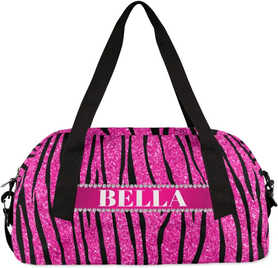 Personalized Kids Gym Bag, Custom Sport Duffel Bag, Dance Bag Weekender Bags Travel Duffel Bag for Boy & Girl Hot Pink Glitter Zebra