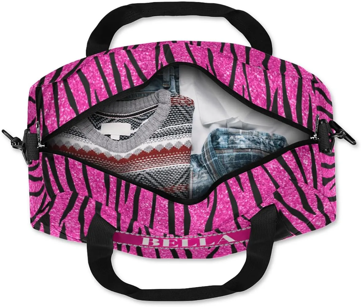 Personalized Kids Gym Bag, Custom Sport Duffel Bag, Dance Bag Weekender Bags Travel Duffel Bag for Boy & Girl Hot Pink Glitter Zebra