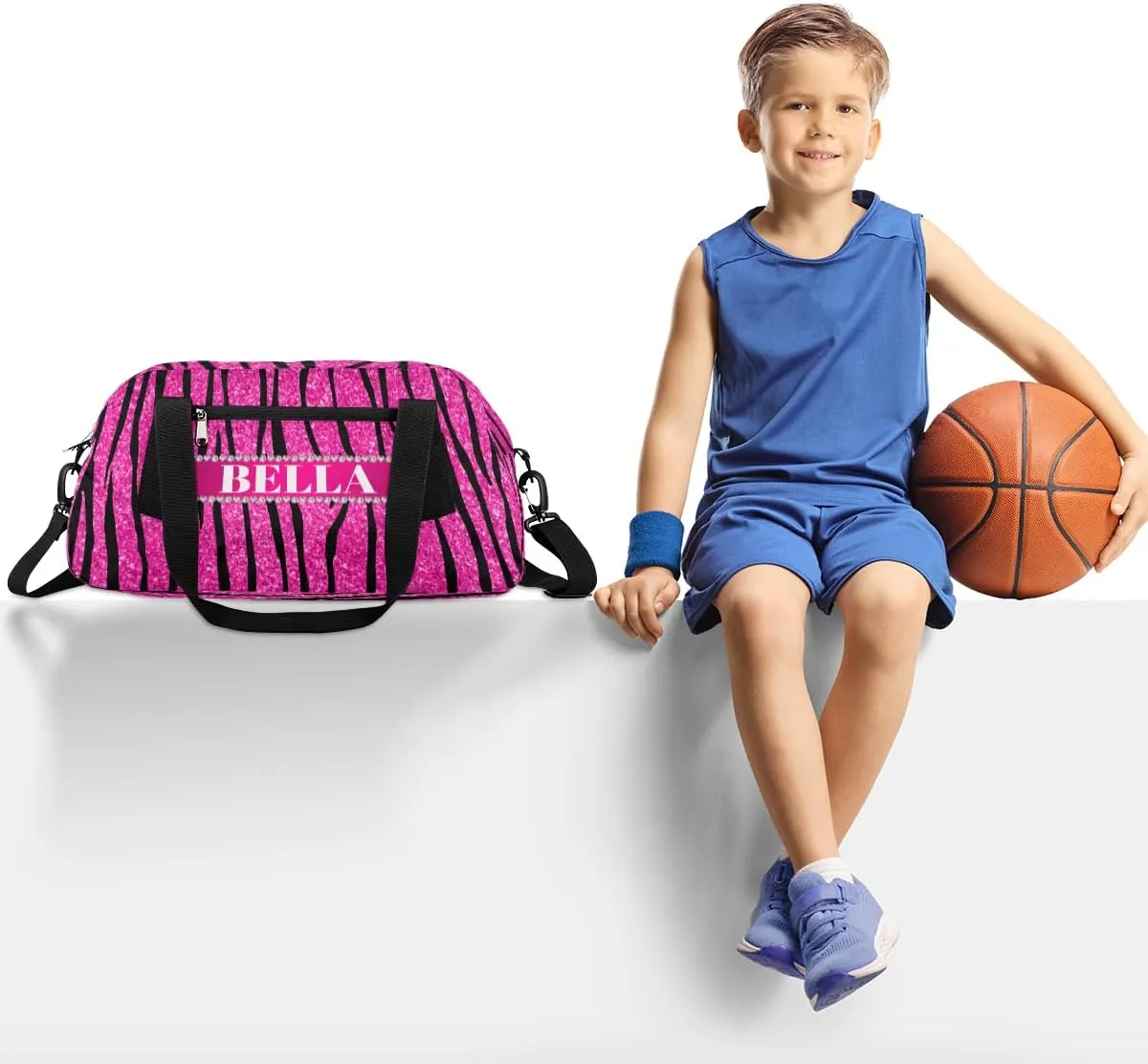Personalized Kids Gym Bag, Custom Sport Duffel Bag, Dance Bag Weekender Bags Travel Duffel Bag for Boy & Girl Hot Pink Glitter Zebra