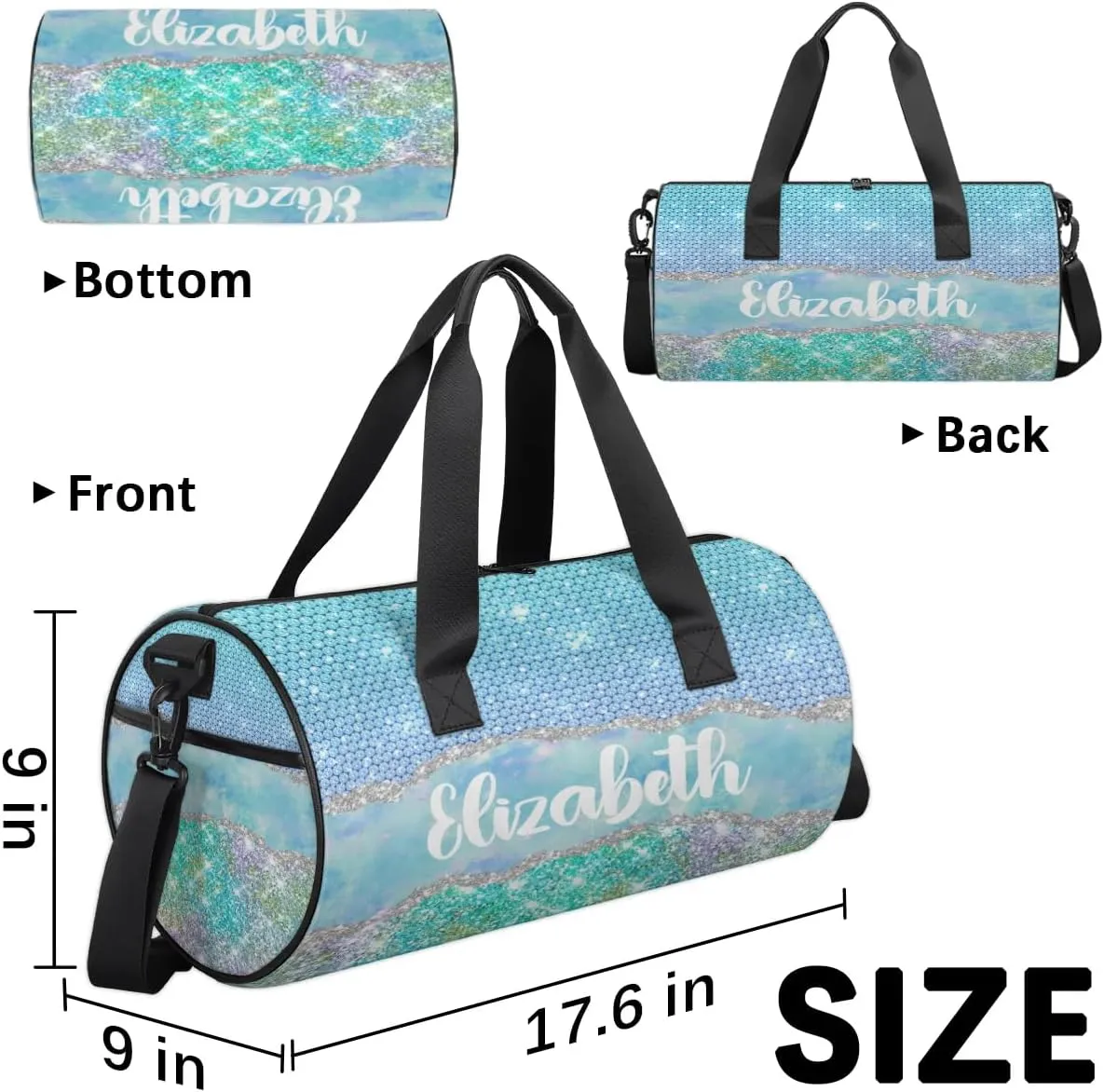 Personalized Kids Gym Bag Sport Bag Duffle Bag for Girl, Custom Gymnastics Dance Travel Bag Weekender Bags with Adjustable Glitter Blue