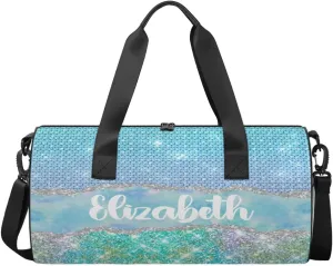 Personalized Kids Gym Bag Sport Bag Duffle Bag for Girl, Custom Gymnastics Dance Travel Bag Weekender Bags with Adjustable Glitter Blue