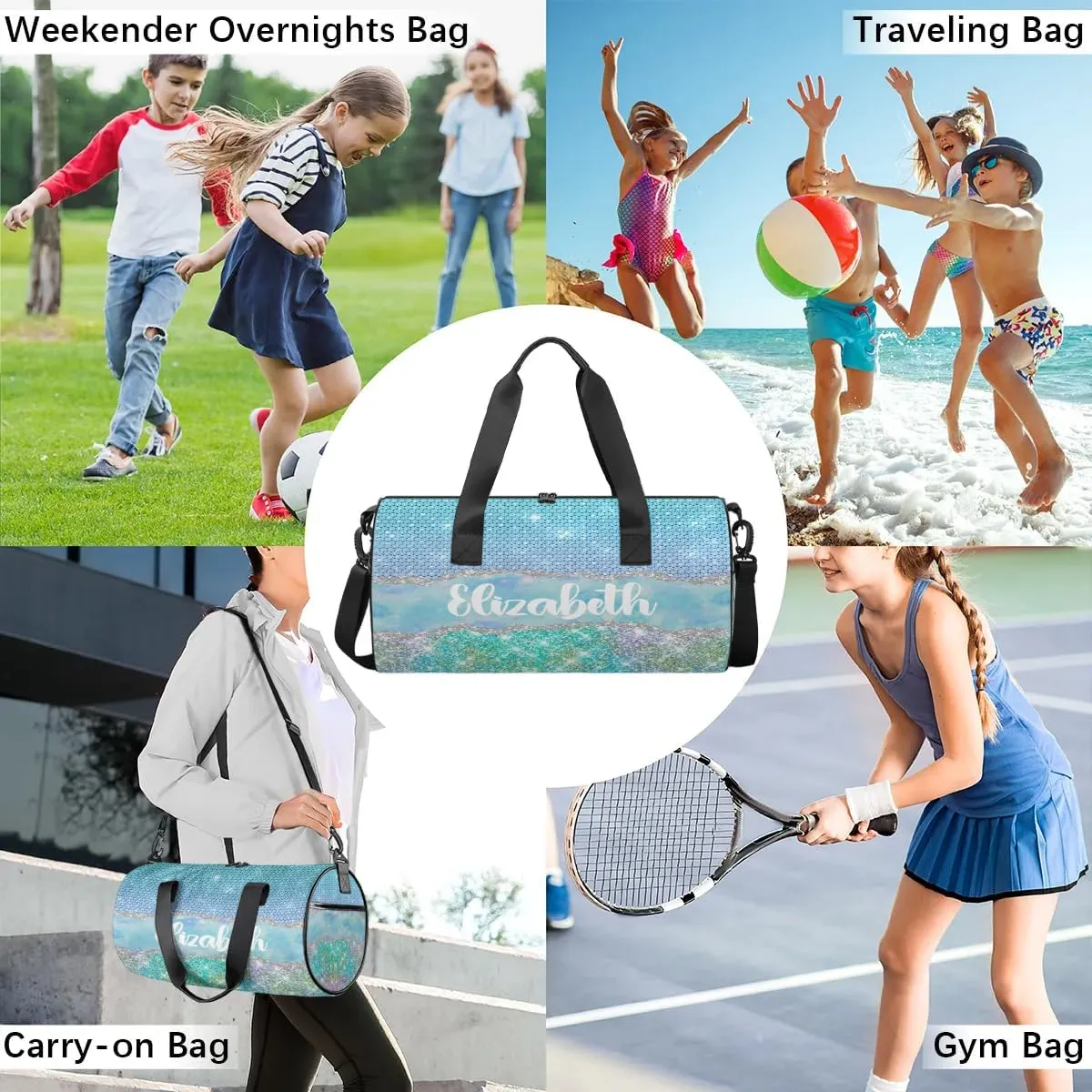 Personalized Kids Gym Bag Sport Bag Duffle Bag for Girl, Custom Gymnastics Dance Travel Bag Weekender Bags with Adjustable Glitter Blue