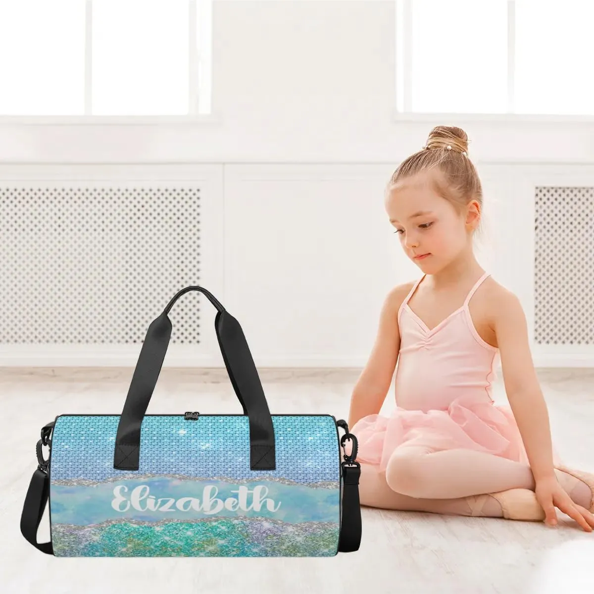 Personalized Kids Gym Bag Sport Bag Duffle Bag for Girl, Custom Gymnastics Dance Travel Bag Weekender Bags with Adjustable Glitter Blue