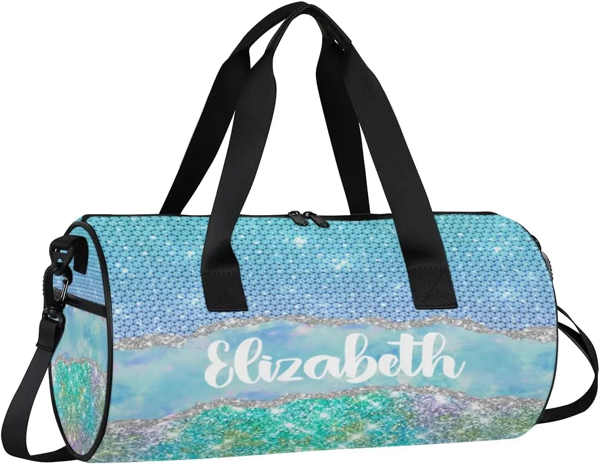 Personalized Kids Gym Bag Sport Bag Duffle Bag for Girl, Custom Gymnastics Dance Travel Bag Weekender Bags with Adjustable Glitter Blue