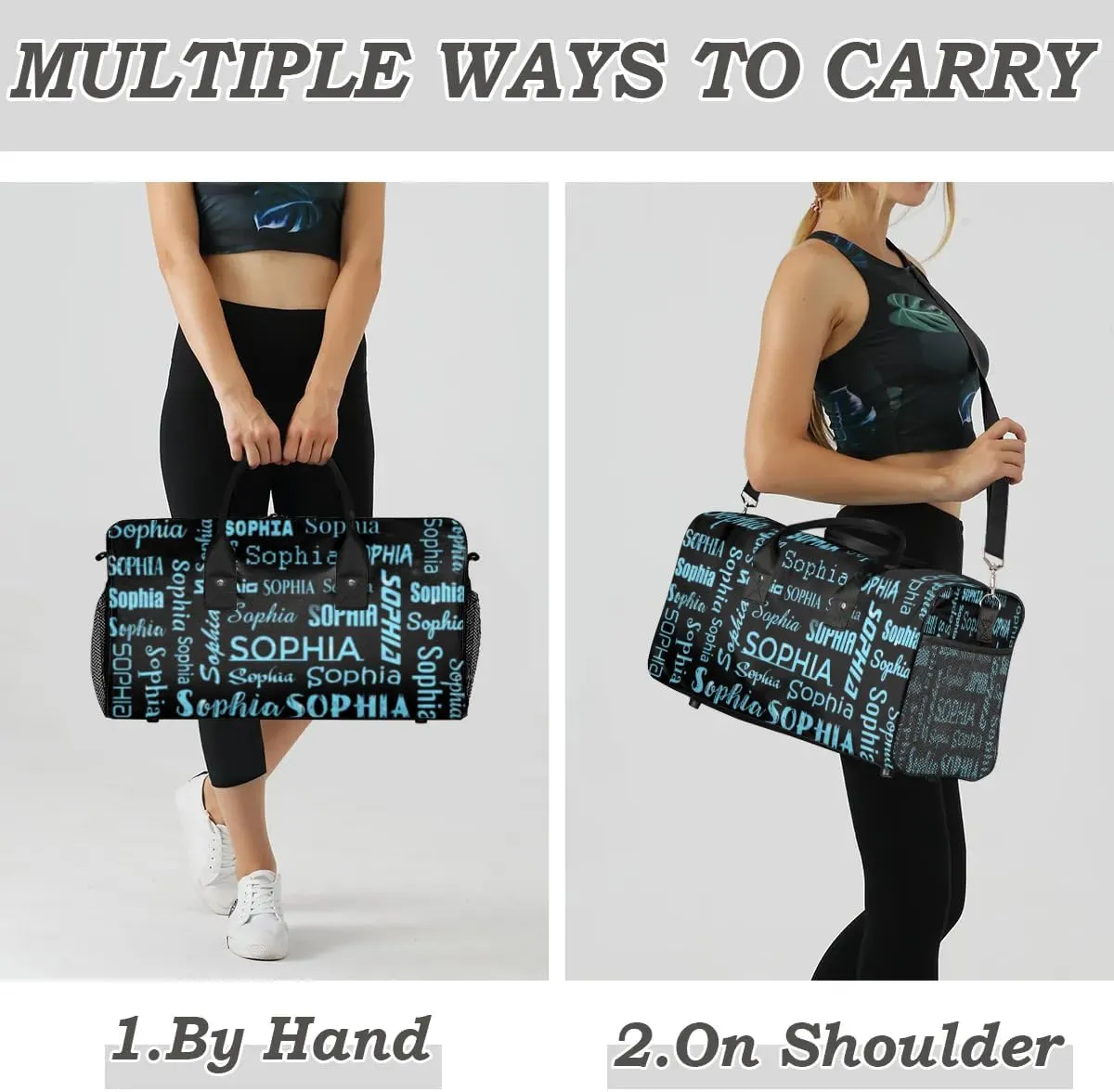 Personalized Name Travel Duffel Bag, Custom Gym Bag for Women Men, Black Overnight Weekend Bags, Dance Bag, Honeymoon Bag Personalized Gift, Blue Sequins
