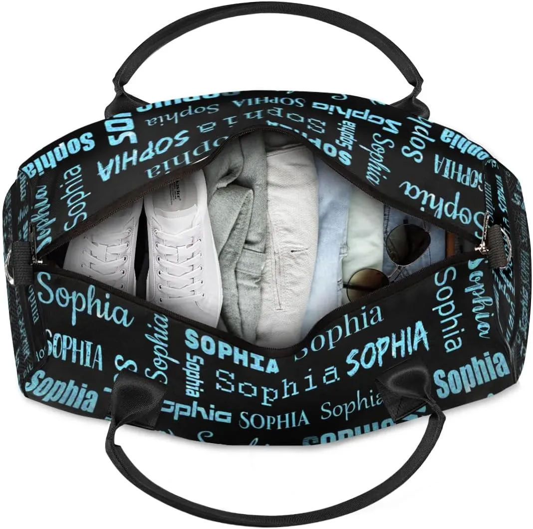 Personalized Name Travel Duffel Bag, Custom Gym Bag for Women Men, Black Overnight Weekend Bags, Dance Bag, Honeymoon Bag Personalized Gift, Blue Sequins